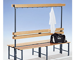 Banc pour vestiaires avec lattes en bois et rangée de patères - avec grille pour chaussures, simple face, longueur 1500 mm, 7 patères