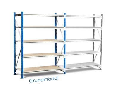 Weitspannregal Porteco Z60 | Anbaumodul | HxBxT 200 x 150 x 60 cm | Fachebenen: 3 | Traglast Fachboden: 475 kg | Signalblau, Lichtgrau | Certeo