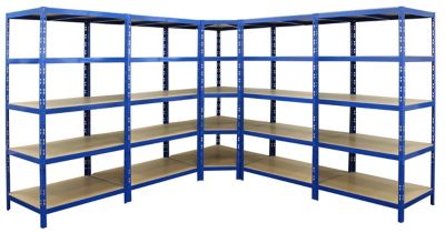Mega Deal | 1x Lagerregal + 1x Eckregal | HxBxT 1800 x 900 x 450 mm | Blau | Traglast pro Fachboden: 265 kg | Certeo