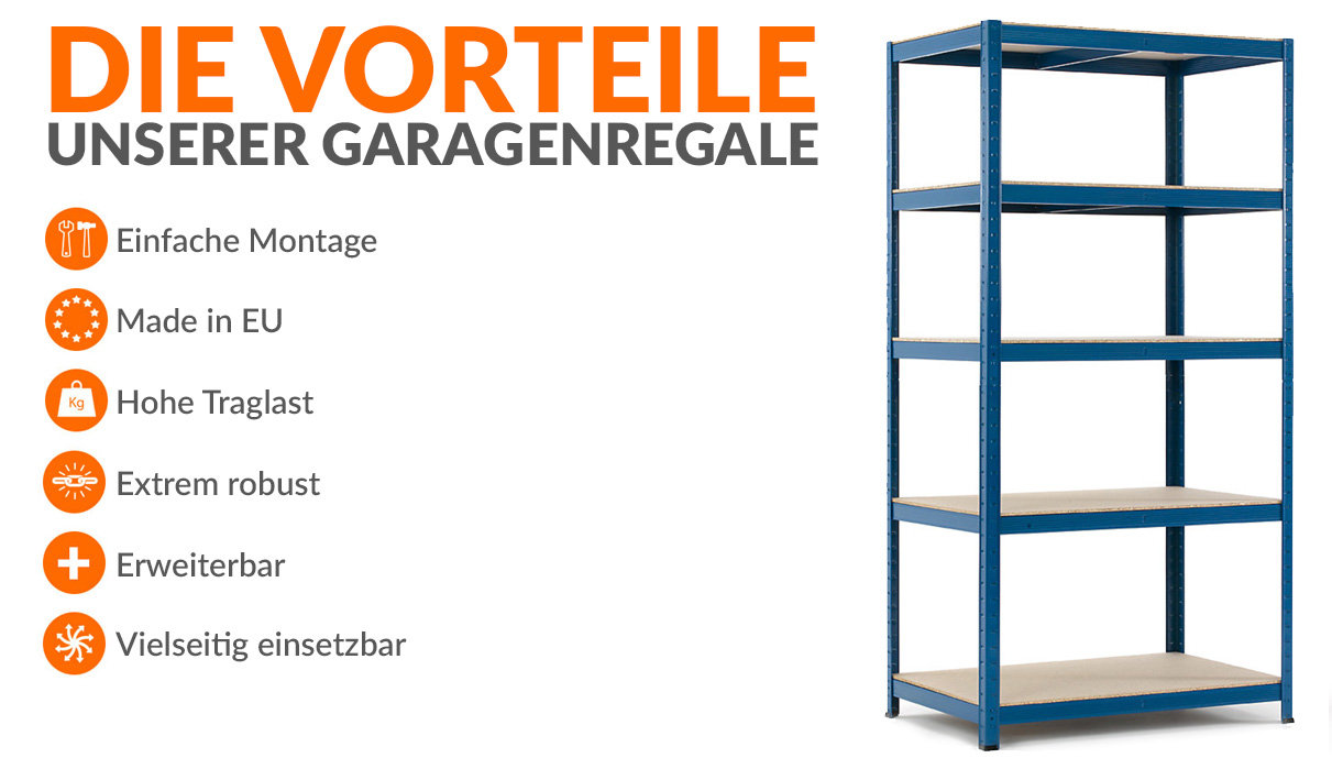 Praktisches Garagenregal - vielseitig einsetzbar Starkes Garagenregal mit 265 kg Tragfähigkeit pro Regalboden