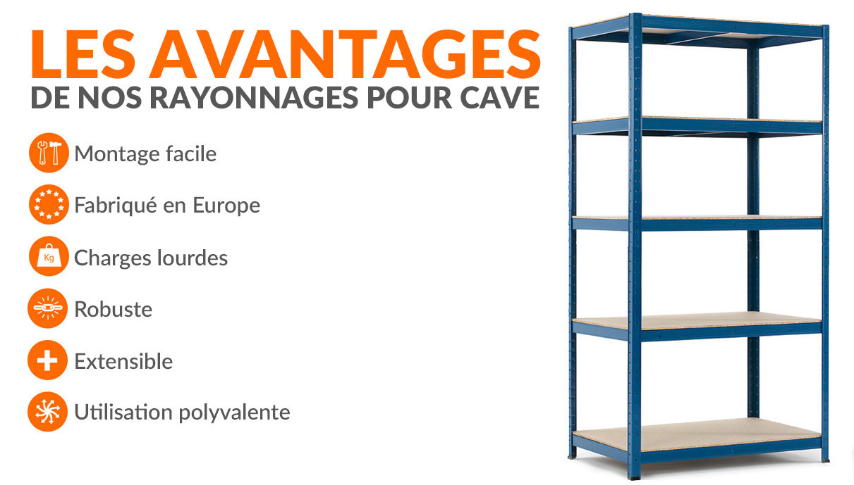Solide rayonnage de cave - bien stocker ses aliments Étagères métalliques pour cave - 265 kg par niveau