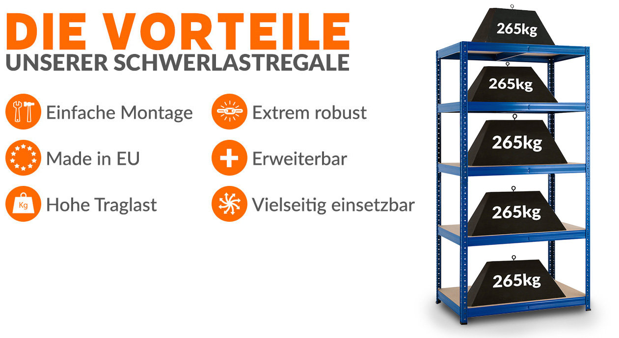Vielseitiges Schwerlastregal mit hoher Tragkraft - 265 kg pro Etage Ein Alleskönner - starkes Schwerlastregal mit 265 kg Tragkraft pro Fachboden